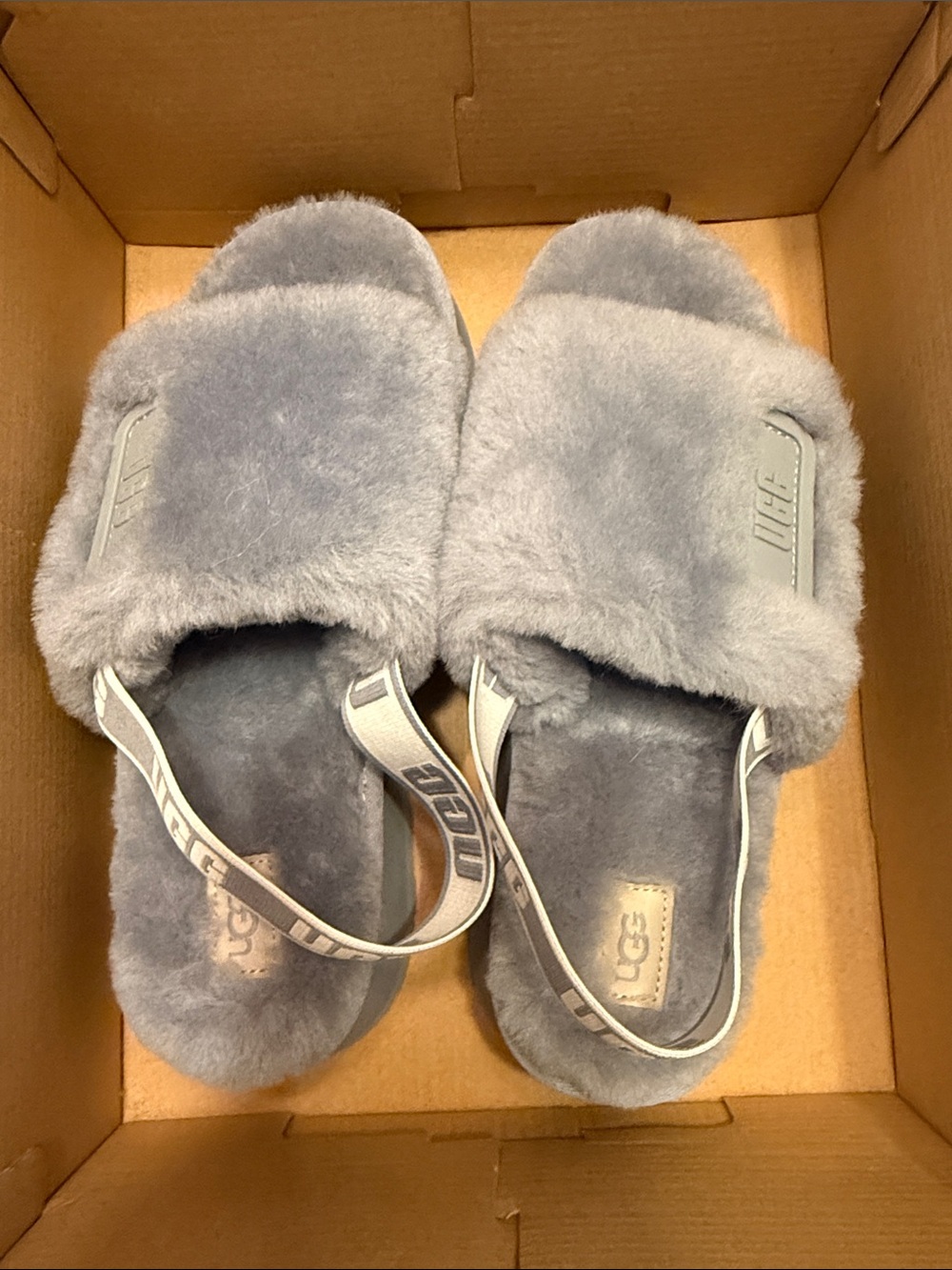 UGG Light Gray Fluffy Slide Sandals with Branded Elastic Strap